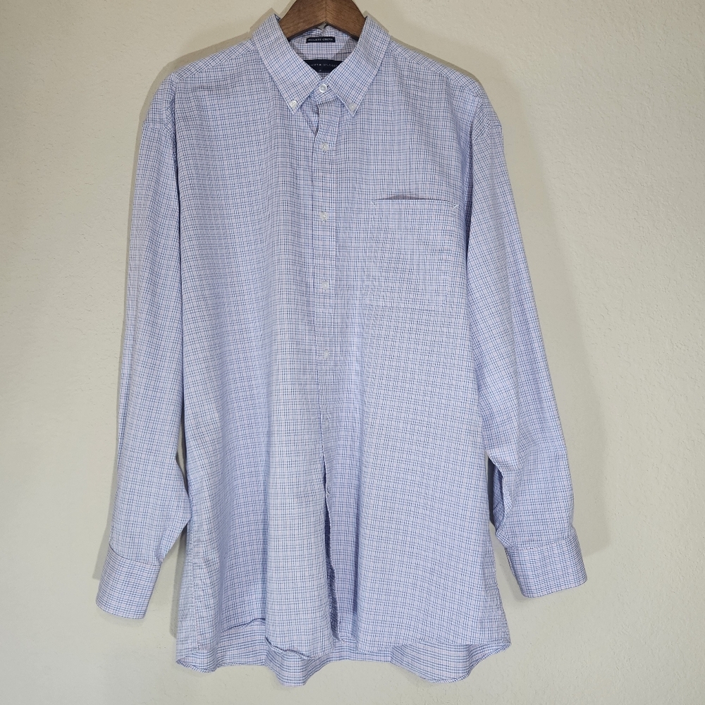 Tommy Hilfiger Dress Shirt Mens XL Pink Blue Regular Fit Stretch‎ Office Career